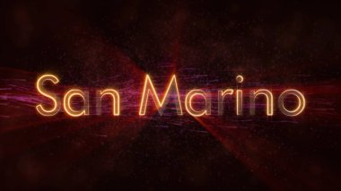 San Marino ülke adı metin animasyon - parlak ışınları ile dönen ve yıldız akan bir arka plan üzerinde metin kenarında döngü