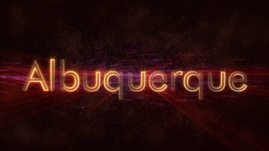 Albuquerque - Amerika Birleşik Devletleri şehir adı metin animasyon - parlak ışınları ile dönen ve yıldız akan bir arka plan üzerinde metin kenarında döngü