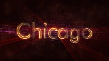 Chicago - Amerika Birleşik Devletleri şehir adı metin animasyon - parlak ışınları ile dönen ve yıldız akan bir arka plan üzerinde metin kenarında döngü