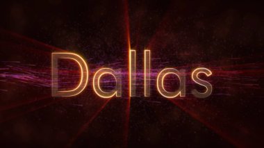 Dallas - Amerika Birleşik Devletleri şehir adı metin animasyon - parlak ışınları ile dönen ve yıldız akan bir arka plan üzerinde metin kenarında döngü