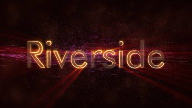 Riverside - Amerika Birleşik Devletleri şehir adı metin animasyon - parlak ışınları ile dönen ve yıldız akan bir arka plan üzerinde metin kenarında döngü