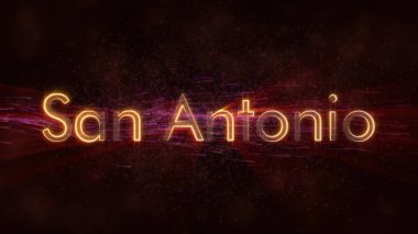 San Antonio - Amerika Birleşik Devletleri şehir adı metin animasyon - parlak ışınları ile dönen ve yıldız akan bir arka plan üzerinde metin kenarında döngü