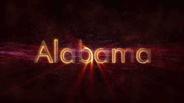 Alabama - Amerika Birleşik Devlet adı metin animasyon - parlak ışınları ile dönen ve yıldız akan bir arka plan üzerinde metin kenarında döngü
