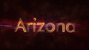Arizona - Amerika Birleşik Devlet adı metin animasyon - parlak ışınları ile dönen ve yıldız akan bir arka plan üzerinde metin kenarında döngü