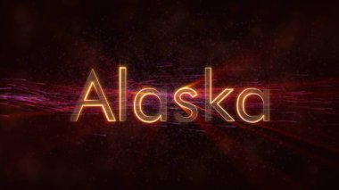 Alaska - Amerika Birleşik Devlet adı metin animasyon - parlak ışınları ile dönen ve yıldız akan bir arka plan üzerinde metin kenarında döngü