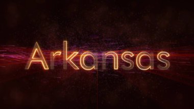 Arkansas - Amerika Birleşik Devlet adı metin animasyon - parlak ışınları ile dönen ve yıldız akan bir arka plan üzerinde metin kenarında döngü
