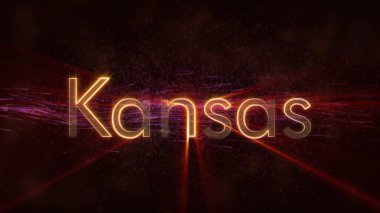 Kansas - Amerika Birleşik Devlet adı metin animasyon - parlak ışınları ile dönen ve yıldız akan bir arka plan üzerinde metin kenarında döngü