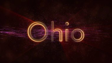 Ohio - Amerika Birleşik Devlet adı metin animasyon - parlak ışınları ile dönen ve yıldız akan bir arka plan üzerinde metin kenarında döngü