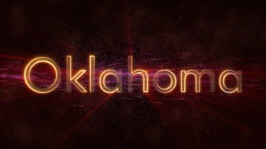 Oklahoma - Amerika Birleşik Devlet adı metin animasyon - parlak ışınları ile dönen ve yıldız akan bir arka plan üzerinde metin kenarında döngü