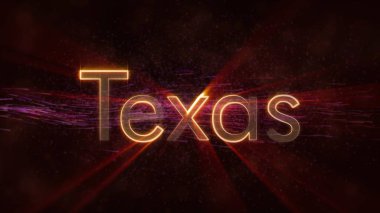 Texas - Amerika Birleşik Devlet adı metin animasyon - parlak ışınları ile dönen ve yıldız akan bir arka plan üzerinde metin kenarında döngü