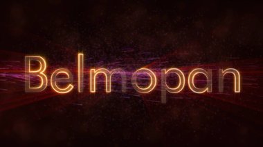 Belmopan - Belize city adı metin animasyon - parlak ışınları ile dönen ve yıldız akan bir arka plan üzerinde metin kenarında döngü