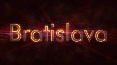 Bratislava - Slovakya şehir adı metin animasyon - parlak ışınları ile dönen ve yıldız akan bir arka plan üzerinde metin kenarında döngü