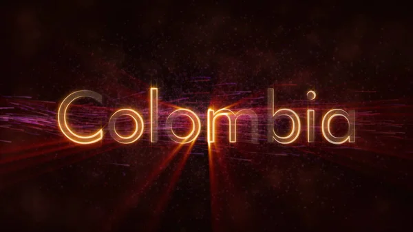 哥伦比亚国名文本动画 在文本边缘环绕着旋转和流动的星星的边缘的闪亮光线 — 图库照片