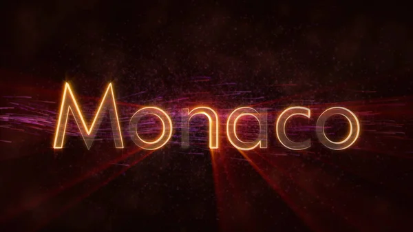 モナコ国名テキスト アニメーションの背景に渦巻く 星を流れるテキストの端に繰り返しピカピカ光線 — ストック写真