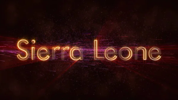 Sierra Leone country name text animation - Shiny rays looping on edge of text over a background with swirling and flowing stars