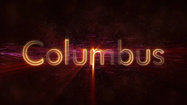 Columbus - United States city name text animation - Shiny rays looping on edge of text over a background with swirling and flowing stars