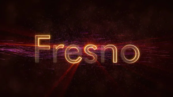 Fresno - United States city name text animation - Shiny rays looping on edge of text over a background with swirling and flowing stars