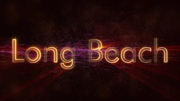 Long Beach - United States city name text animation - Shiny rays looping on edge of text over a background with swirling and flowing stars