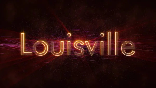 Louisville - United States city name text animation - Shiny rays looping on edge of text over a background with swirling and flowing stars