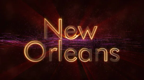 New Orleans - United States city name text animation - Shiny rays looping on edge of text over a background with swirling and flowing stars