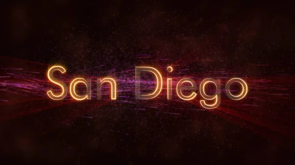 San Diego - United States city name text animation - Shiny rays looping on edge of text over a background with swirling and flowing stars