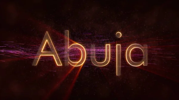 Abuja - Nigeria city name text animation - Shiny rays looping on edge of text over a background with swirling and flowing stars