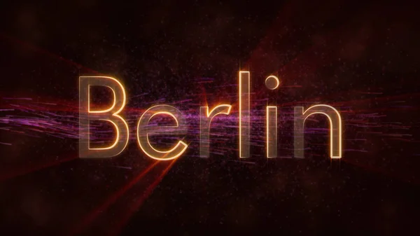 Berlin - Germany city name text animation - Shiny rays looping on edge of text over a background with swirling and flowing stars