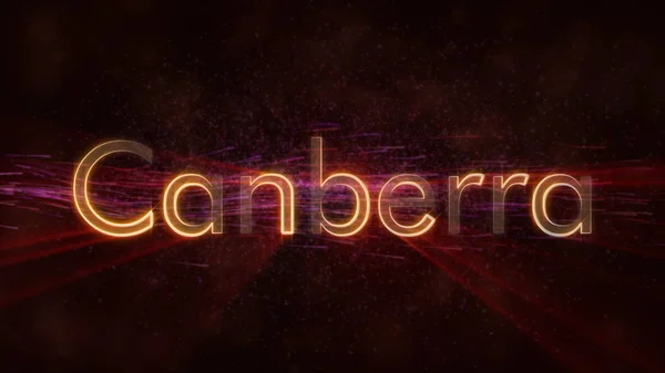 Canberra - Australia city name text animation - Shiny rays looping on edge of text over a background with swirling and flowing stars