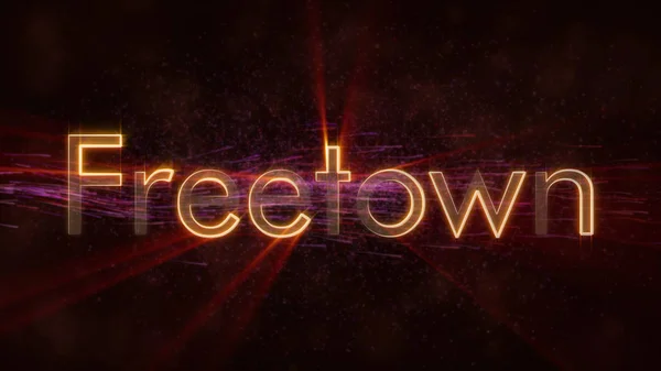 Freetown - Sierra Leone city name text animation - Shiny rays looping on edge of text over a background with swirling and flowing stars