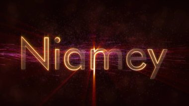 Niam - Nijer şehir adı metin animasyon - parlak ışınları ile dönen ve yıldız akan bir arka plan üzerinde metin kenarında döngü