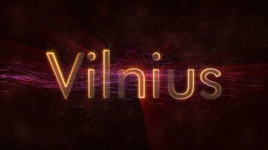 Vilnius - Litvanya şehir adı metin animasyon - parlak ışınları ile dönen ve yıldız akan bir arka plan üzerinde metin kenarında döngü