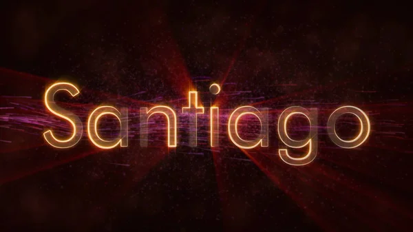 Santiago - Chile city name text animation - Shiny rays looping on edge of text over a background with swirling and flowing stars