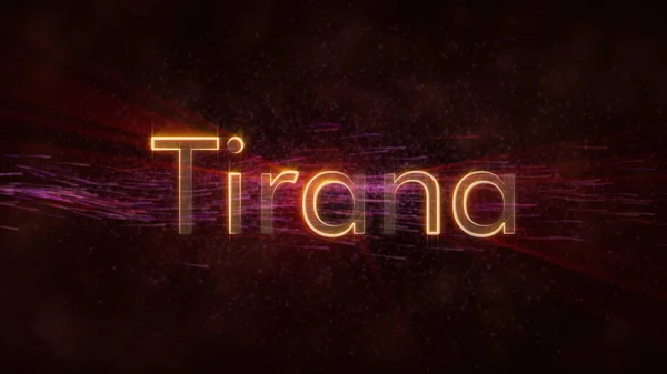 Tirana - Albania city name text animation - Shiny rays looping on edge of text over a background with swirling and flowing stars