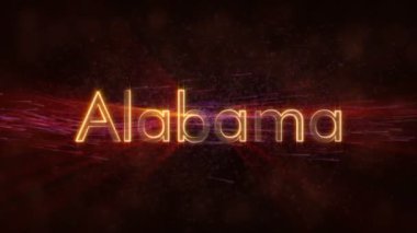 Alabama - Amerika Birleşik Devlet adı metin animasyon - parlak ışınları ile dönen ve yıldız akan bir arka plan üzerinde metin kenarında döngü