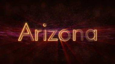 Arizona - Amerika Birleşik Devlet adı metin animasyon - parlak ışınları ile dönen ve yıldız akan bir arka plan üzerinde metin kenarında döngü