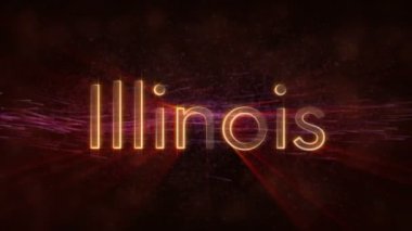 Illinois - Amerika Birleşik Devlet adı metin animasyon - parlak ışınları ile dönen ve yıldız akan bir arka plan üzerinde metin kenarında döngü