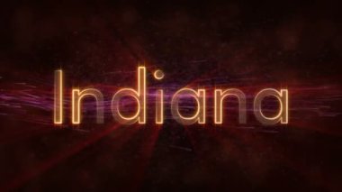 Indiana - Amerika Birleşik Devlet adı metin animasyon - parlak ışınları ile dönen ve yıldız akan bir arka plan üzerinde metin kenarında döngü