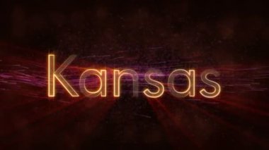Kansas - Amerika Birleşik Devlet adı metin animasyon - parlak ışınları ile dönen ve yıldız akan bir arka plan üzerinde metin kenarında döngü