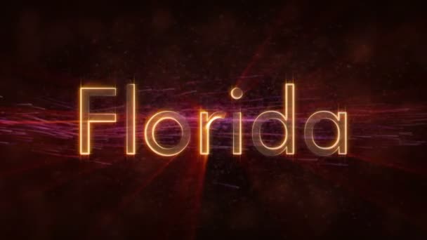 佛罗里达州 美国的名字文本动画 闪亮的光线在文本边缘上环绕着旋转和流动的星星的背景 — 图库视频影像