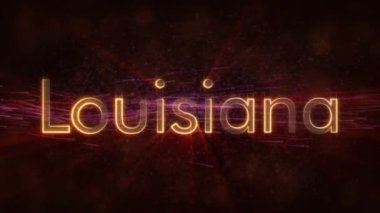 Louisiana - Amerika Birleşik Devlet adı metin animasyon - parlak ışınları ile dönen ve yıldız akan bir arka plan üzerinde metin kenarında döngü