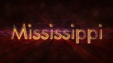 Mississippi - Amerika Birleşik Devlet adı metin animasyon - parlak ışınları ile dönen ve yıldız akan bir arka plan üzerinde metin kenarında döngü