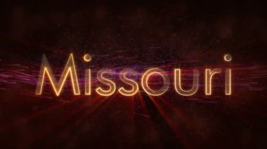 Missouri - Amerika Birleşik Devlet adı metin animasyon - parlak ışınları ile dönen ve yıldız akan bir arka plan üzerinde metin kenarında döngü