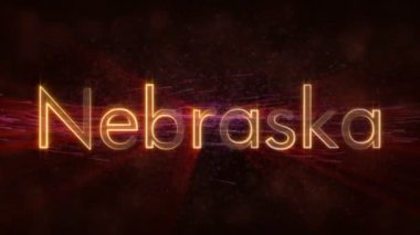 Nebraska - Amerika Birleşik Devlet adı metin animasyon - parlak ışınları ile dönen ve yıldız akan bir arka plan üzerinde metin kenarında döngü