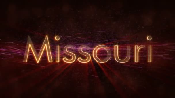 ミズーリ州 アメリカ合衆国の州名テキスト アニメーションの背景に渦巻く 星を流れるテキストの端に繰り返しピカピカ光線 — ストック動画