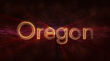Oregon - Amerika Birleşik Devlet adı metin animasyon - parlak ışınları ile dönen ve yıldız akan bir arka plan üzerinde metin kenarında döngü