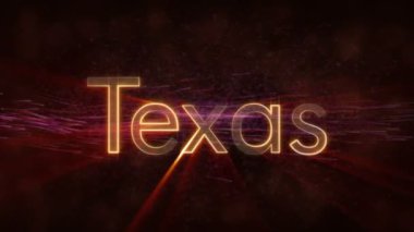 Texas - Amerika Birleşik Devlet adı metin animasyon - parlak ışınları ile dönen ve yıldız akan bir arka plan üzerinde metin kenarında döngü