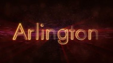 Arlington - Amerika Birleşik Devletleri şehir adı metin animasyon - parlak ışınları ile dönen ve yıldız akan bir arka plan üzerinde metin kenarında döngü