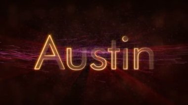 Austin - Amerika Birleşik Devletleri şehir adı metin animasyon - parlak ışınları ile dönen ve yıldız akan bir arka plan üzerinde metin kenarında döngü