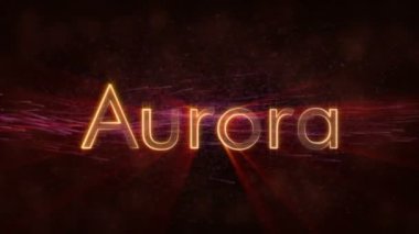 Aurora - Amerika Birleşik Devletleri şehir adı metin animasyon - parlak ışınları ile dönen ve yıldız akan bir arka plan üzerinde metin kenarında döngü