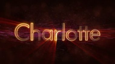 Charlotte - Amerika Birleşik Devletleri şehir adı metin animasyon - parlak ışınları ile dönen ve yıldız akan bir arka plan üzerinde metin kenarında döngü